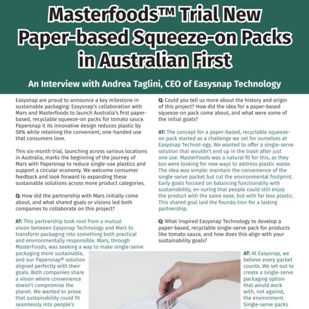 Easysnap® Technology Partners with MasterFoods™ to Launch New Paper-Based Packs in Australia